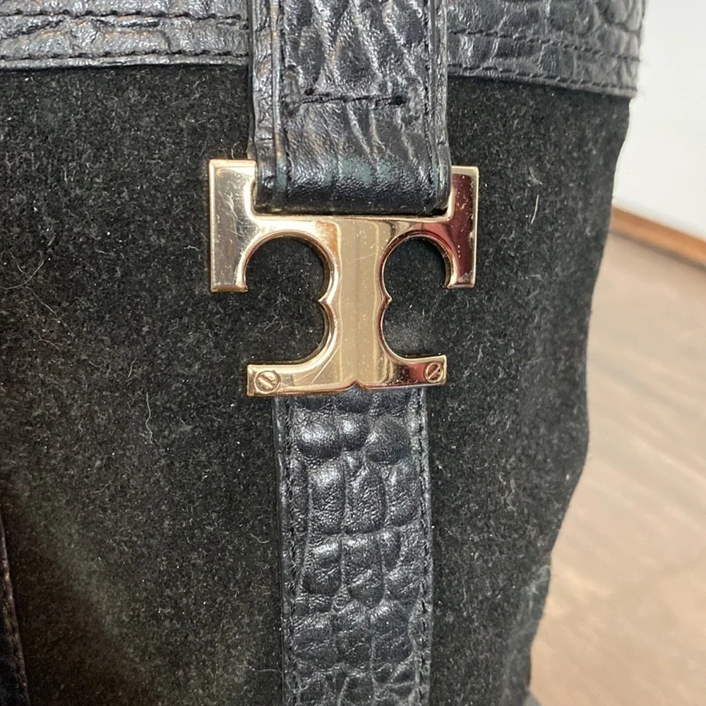 Tory Burch Moto Riding Mid Calf Pebbled Leather Boot